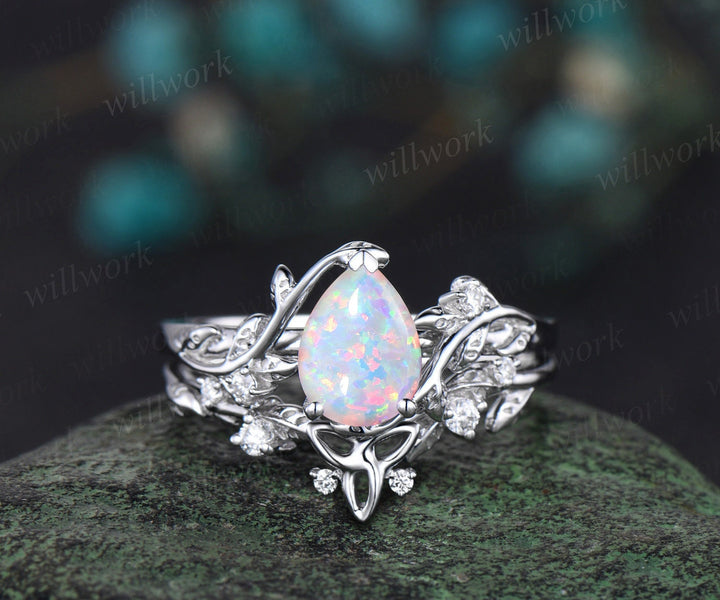 Vintage Pear shaped opal engagement ring white gold leaf branch diamond bridal ring set Celtic knot wedding ring band women jewelry