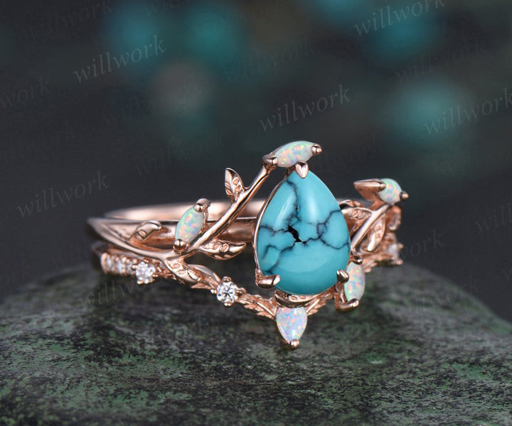 Vintage pear Turquoise engagement ring rose gold nature inspired leaf opal stacking bridal anniversary ring set women