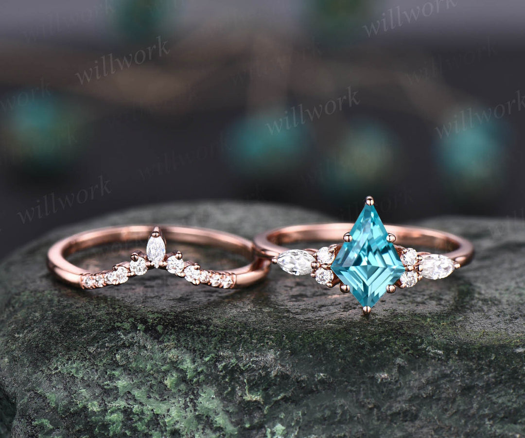 Vintage kite cut Paraiba engagement ring set 14k yellow gold marquise cut diamond ring women unique bridal wedding ring set gift