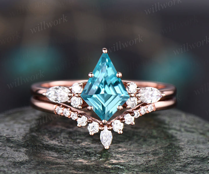 Vintage kite cut Paraiba engagement ring set 14k yellow gold marquise cut diamond ring women unique bridal wedding ring set gift