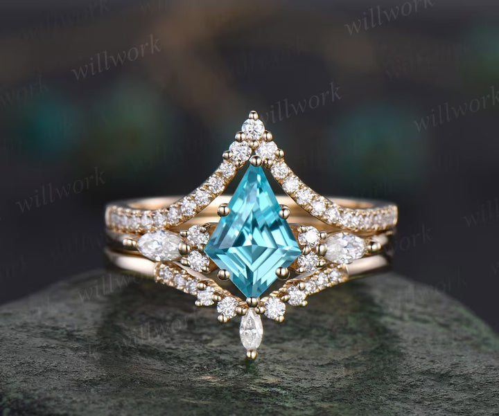 Vintage kite cut Paraiba engagement ring set 14k yellow gold marquise cut diamond ring women unique bridal wedding ring set gift