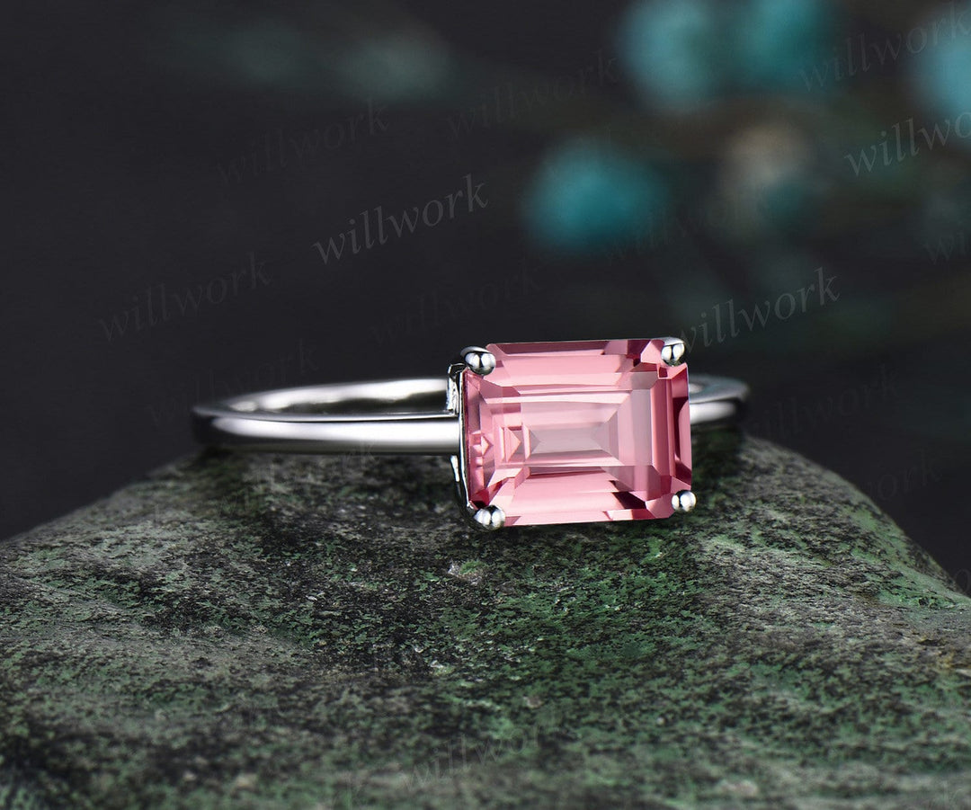 East to west emerald cut Papalacha sapphire engagement ring women solid 14k white gold solitaire pink gemstone anniversary ring gift