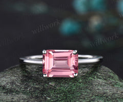 East to west emerald cut Padparadscha sapphire engagement ring women solid 14k white gold solitaire pink gemstone anniversary ring gift