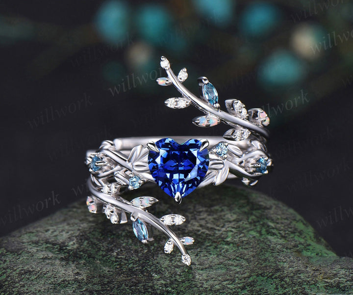 Vintage heart shaped blue sapphire engagement ring white gold nature inspired leaf opal wedding band enhancer bridal ring set women