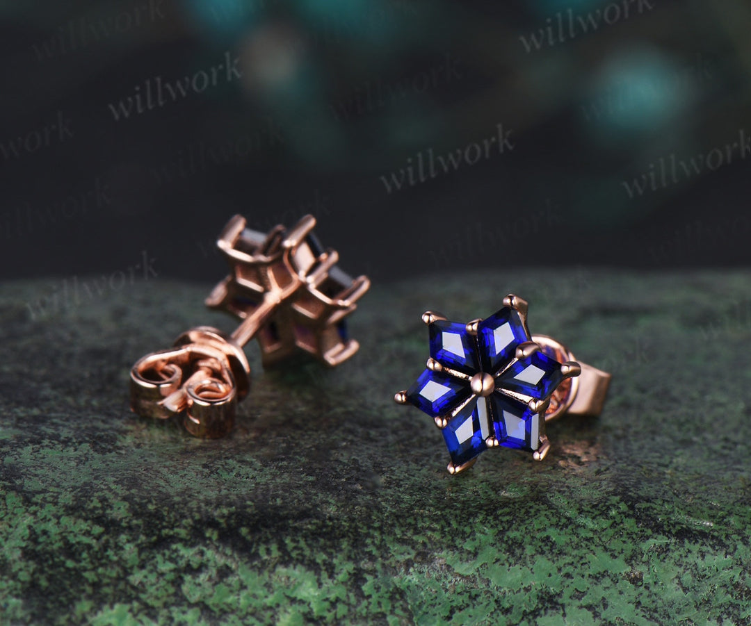 Kite cut blue sapphire earrings rose gold unique snow drop earrings women anniversary gift jewelry