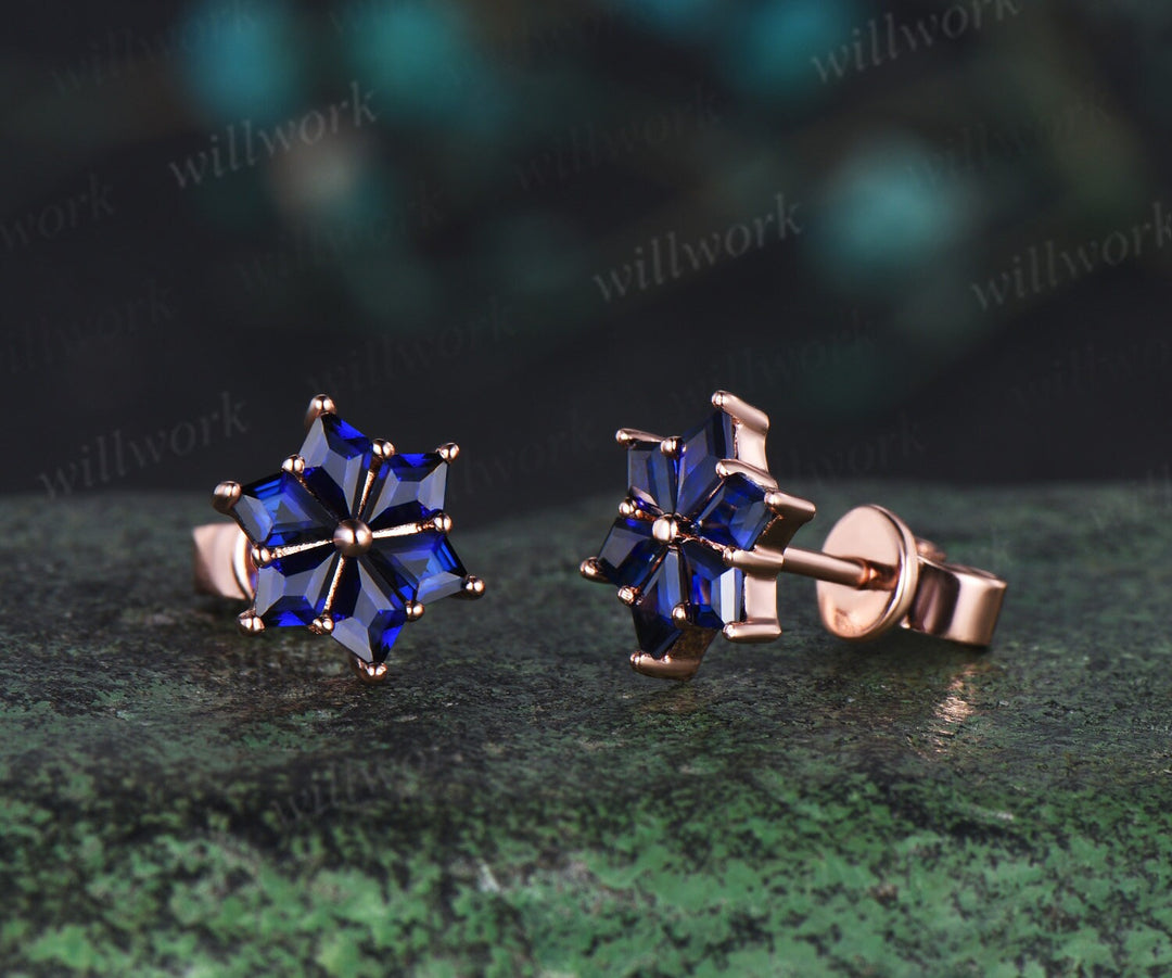 Kite cut blue sapphire earrings rose gold unique snow drop earrings women anniversary gift jewelry