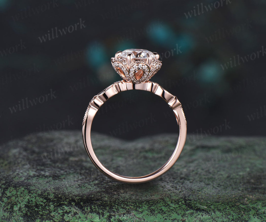 Vintage round cut moissanite engagement ring 6 prong rose gold double halo diamond wedding promise ring women jewelry