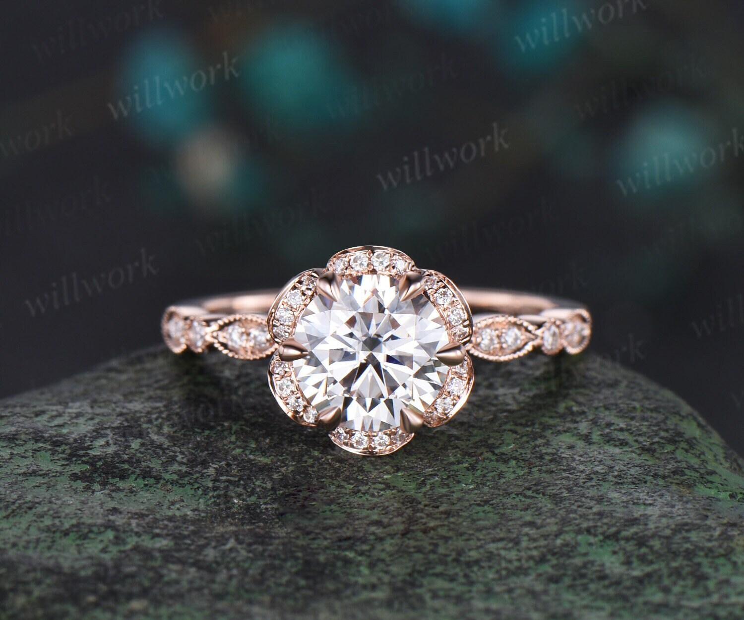 2024 Marquise Cut Moissanite Engagement Ring 14K Rose Gold Wedding Ring Round Diamond Halo Art Deco Bridal Ring Promise Ring Anniversary Ring