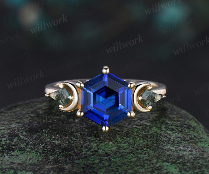 Hexagon cut sapphire ring vintage three stone moon moss agate leaf opal ring women 6 prong unique engagement ring blue gemstone ring