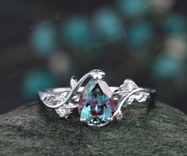 Pear Alexandrite ring vintage leaf vine white gold unique engagement ring twisted three stone diamond wedding bridal ring set women