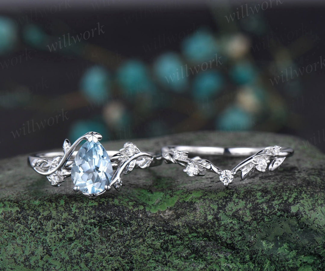 Pear cut Aquamarine ring vintage leaf vine white gold unique engagement ring twisted three stone diamond wedding bridal ring set women