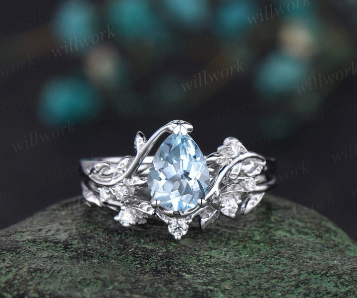 Pear cut Aquamarine ring vintage leaf vine white gold unique engagement ring twisted three stone diamond wedding bridal ring set women