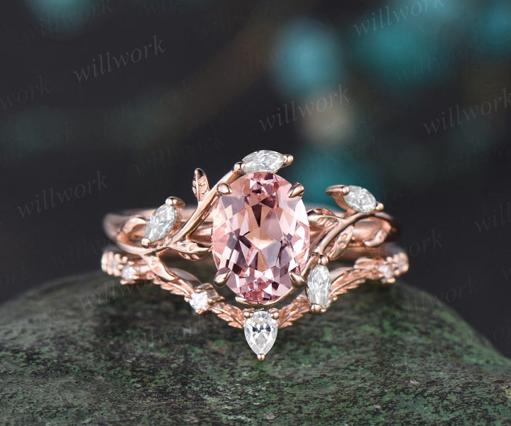 Vintage oval cut morganite engagement ring 14k rose gold leaf
