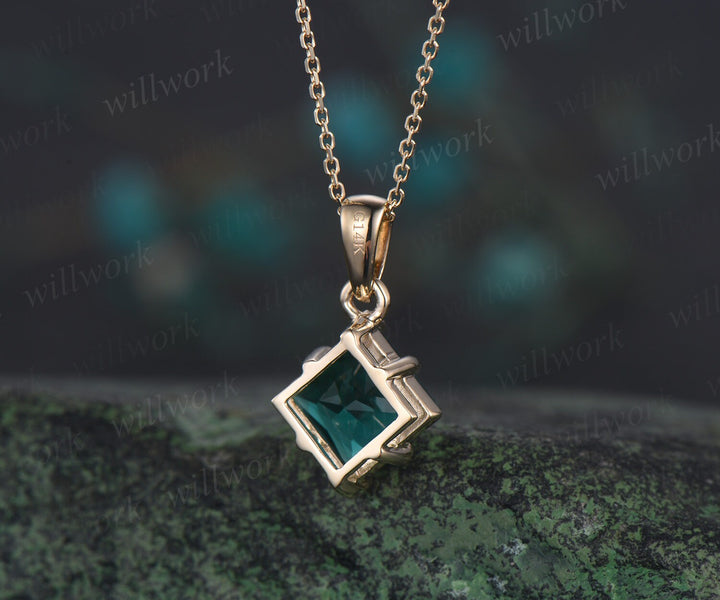 Princess cut green emerald necklace rose gold vintage unique Personalized Solitaire pendant women her anniversary bridal gift mother