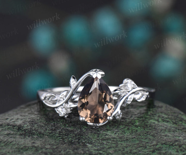 Vintage pear Smoky quartz engagement ring set women white gold brown quartz ring leaf twig diamond Crystal anniversary ring women gift