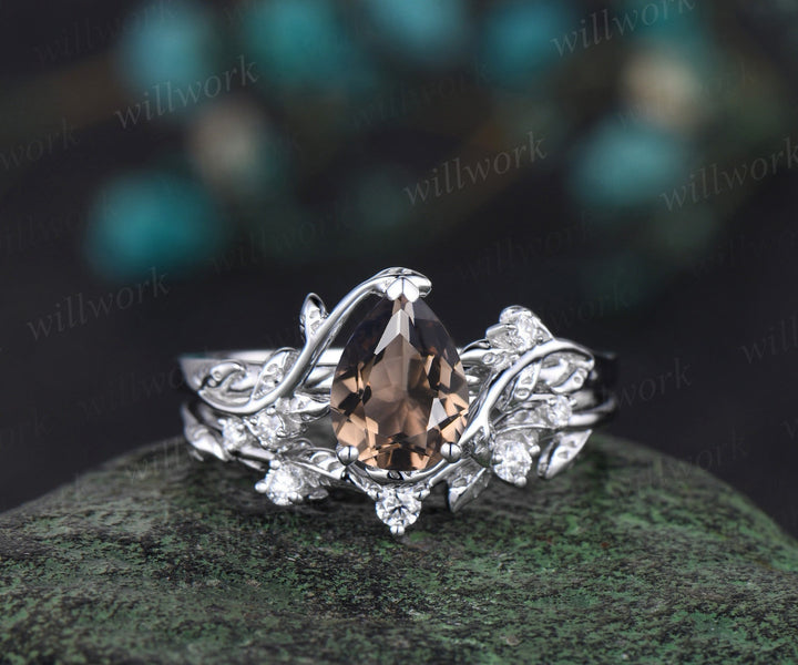 Vintage pear Smoky quartz engagement ring set women white gold brown quartz ring leaf twig diamond Crystal anniversary ring women gift