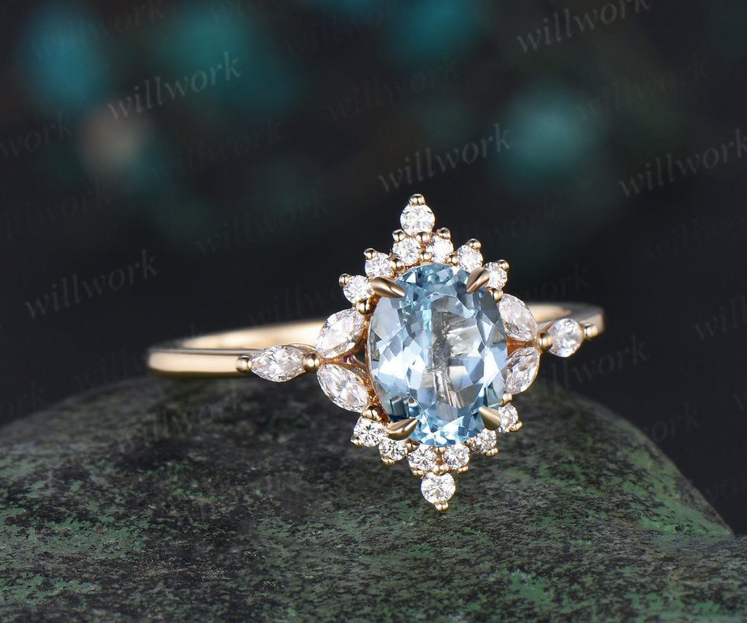 Vintage oval cut Aquamarine engagement ring women solid 14k yellow gold cluster halo marquise diamond promise wedding ring jewelry