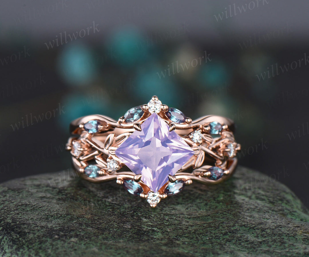 Princess cut Lavender Amethyst engagement ring 14k rose gold five stone leaf branch Nature inspired alexandrite bridal ring set women gift