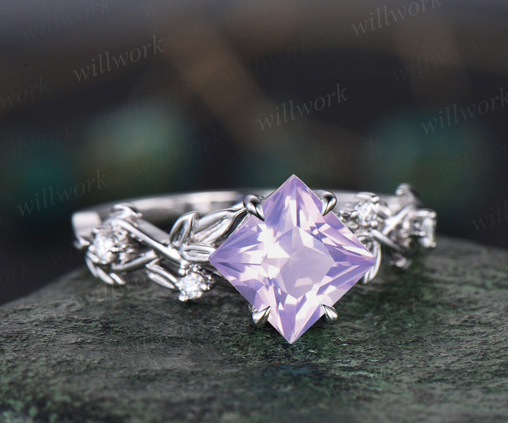 Princess cut Lavender Amethyst engagement ring 14k rose gold five stone leaf branch Nature inspired alexandrite bridal ring set women gift