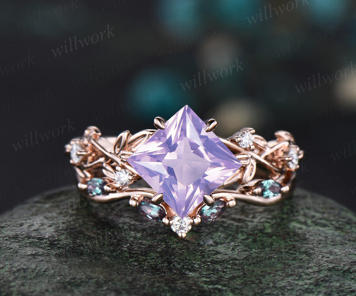 Princess cut Lavender Amethyst engagement ring 14k rose gold five stone leaf branch Nature inspired alexandrite bridal ring set women gift