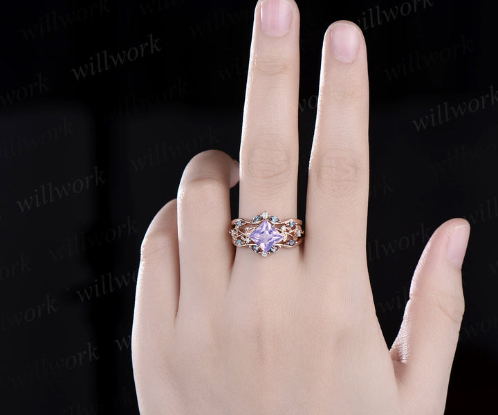 Princess cut Lavender Amethyst engagement ring 14k rose gold five stone leaf branch Nature inspired alexandrite bridal ring set women gift