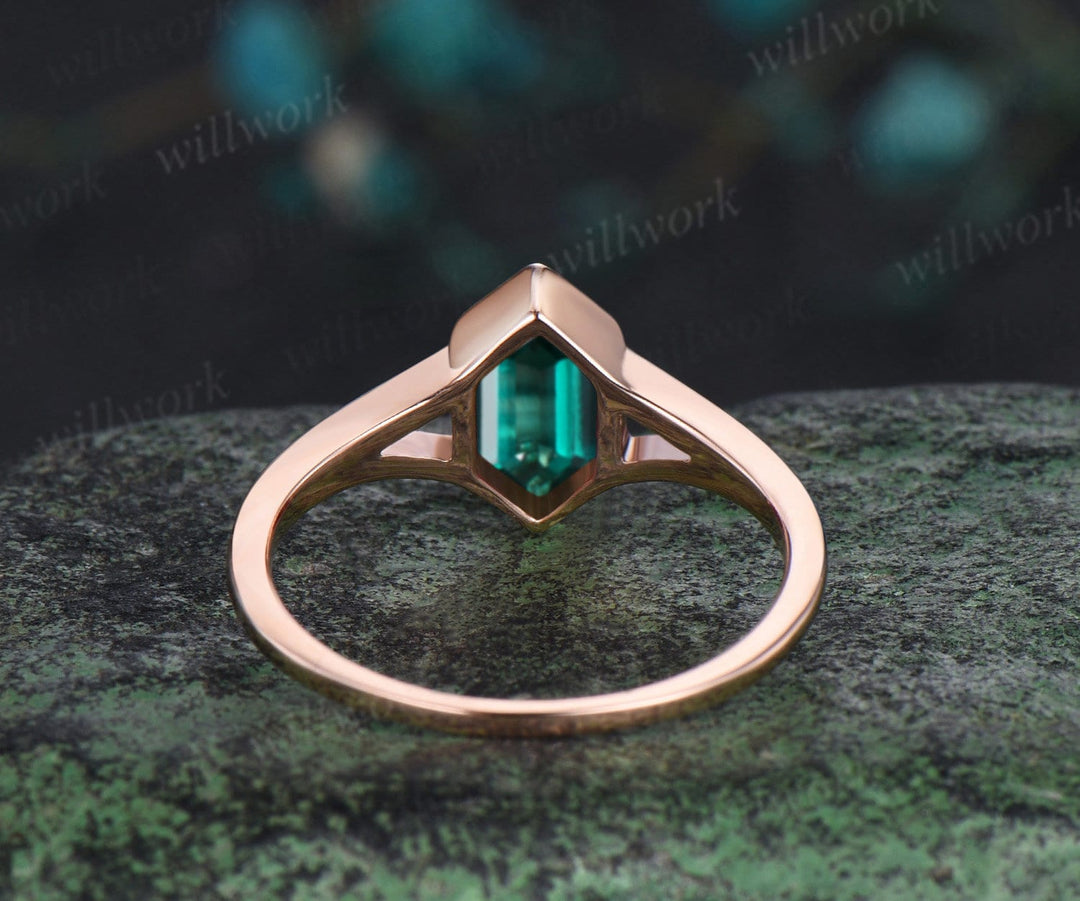 Vintage Long hexagon cut green emerald engagement ring rose gold bezel split shank three stone floral wedding anniversary ring women