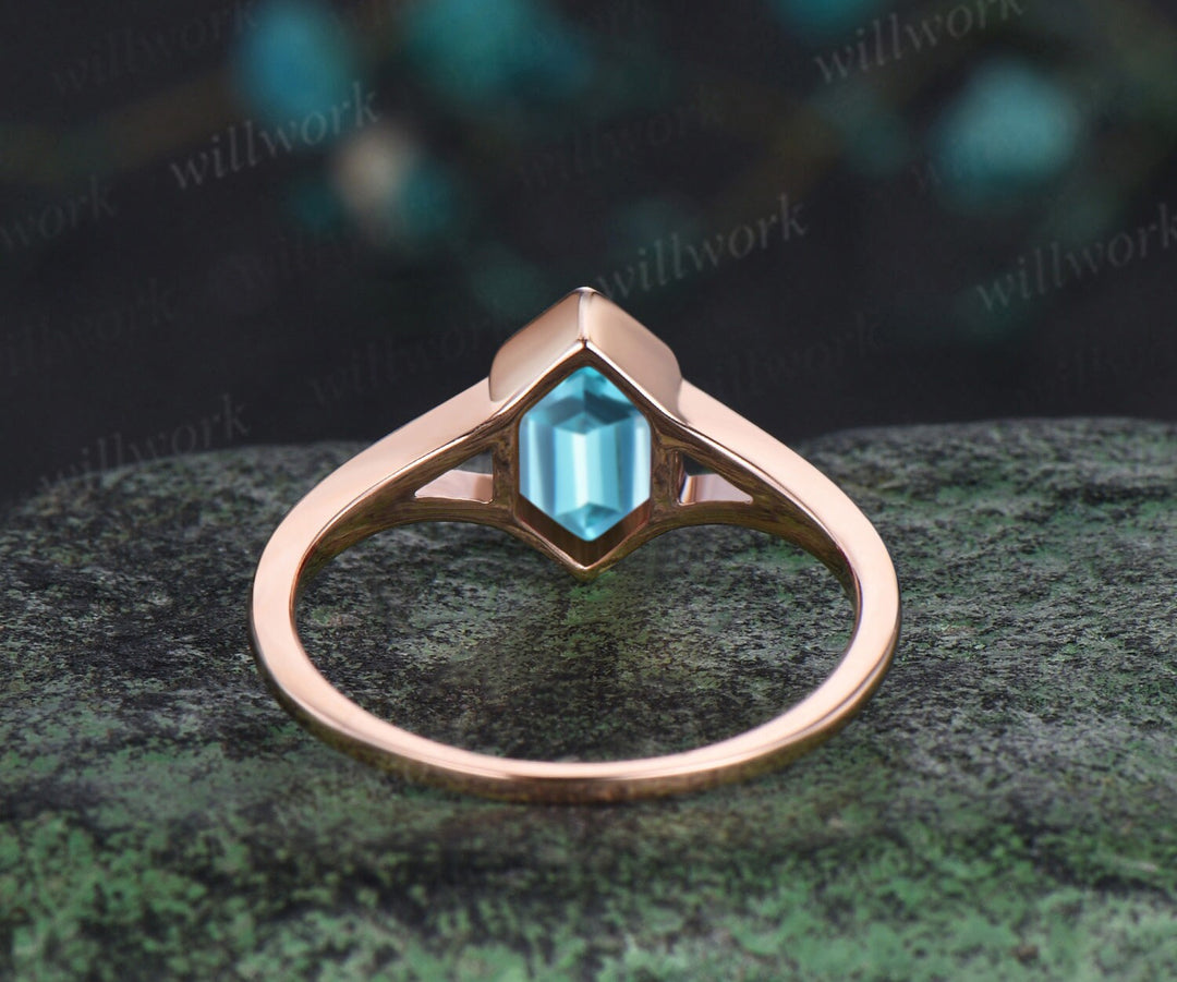 Vintage Long hexagon cut Paraiba engagement ring rose gold bezel split shank three stone floral emerald wedding anniversary ring women