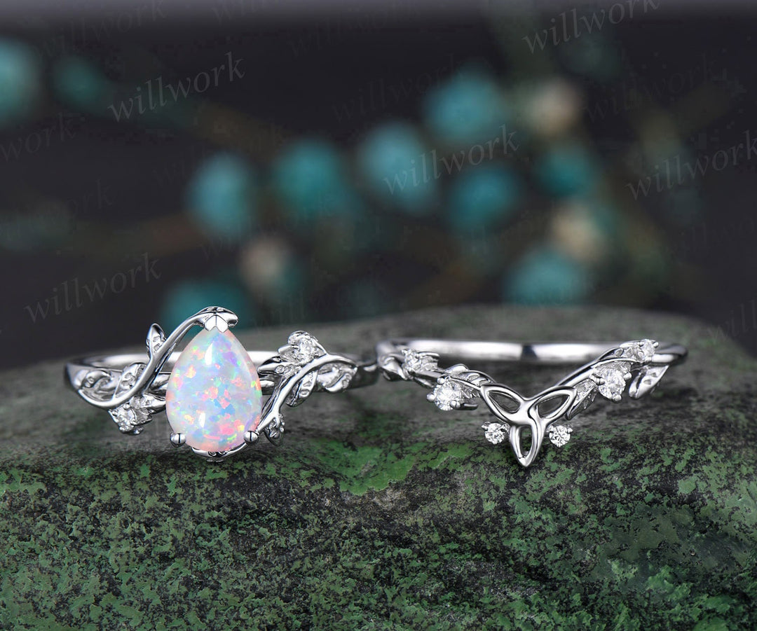 Vintage Pear shaped opal engagement ring white gold leaf branch diamond bridal ring set Celtic knot wedding ring band women jewelry