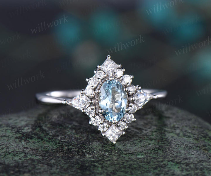 Oval cut Aquamarine ring vintage white gold halo kite princess unique engagement ring women moissanite promise anniversary ring gift