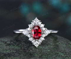 Oval cut red ruby ring vintage white gold halo kite princess unique engagement ring women moissanite wedding anniversary ring gift for her