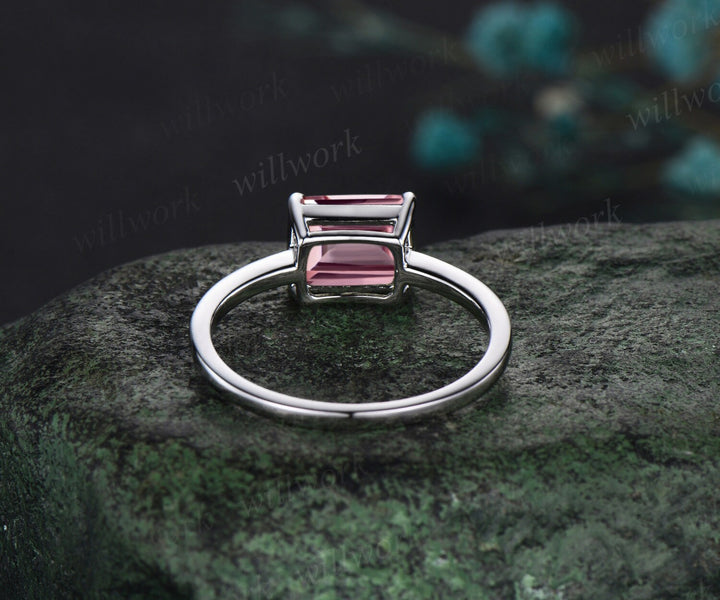 East to west emerald cut Papalacha sapphire engagement ring women solid 14k white gold solitaire pink gemstone anniversary ring gift