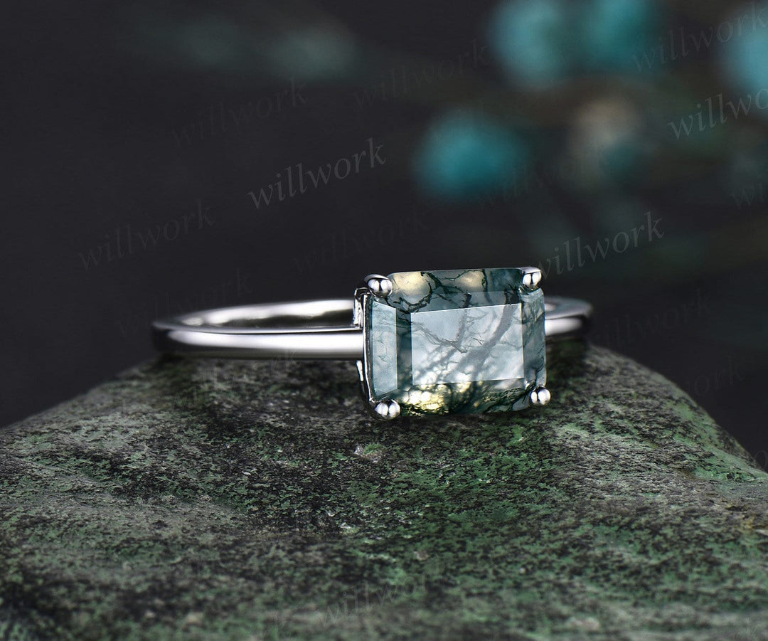 East to west emerald cut green moss agate engagement ring women solid 14k white gold solitaire gemstone anniversary ring gift