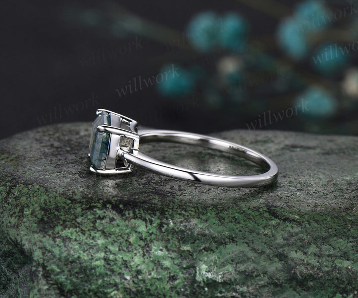 East to west emerald cut green moss agate engagement ring women solid 14k white gold solitaire gemstone anniversary ring gift