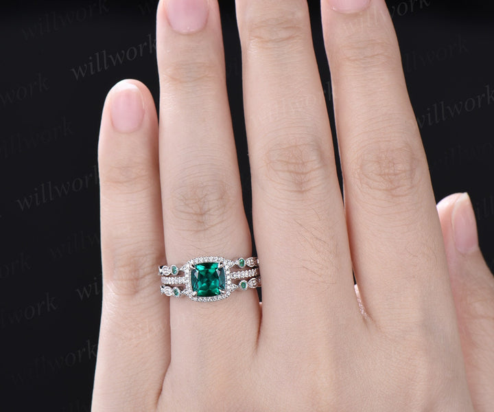 Vintage cushion cut emerald engagement ring solid 14k white gold half eternity halo diamond promise bridal wedding ring set women jewelry