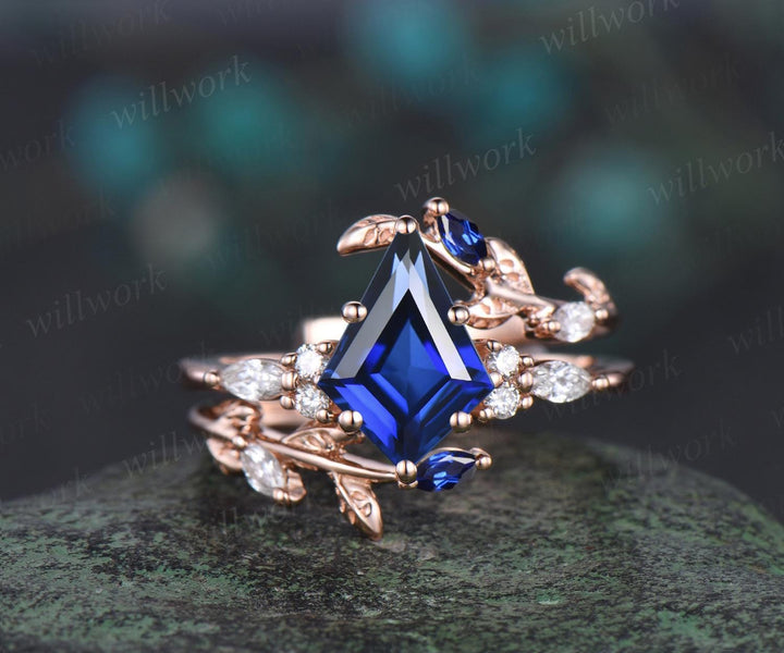 Vintage kite cut blue sapphire engagement ring leaf stacking rose gold diamond wedding promise ring set women jewelry