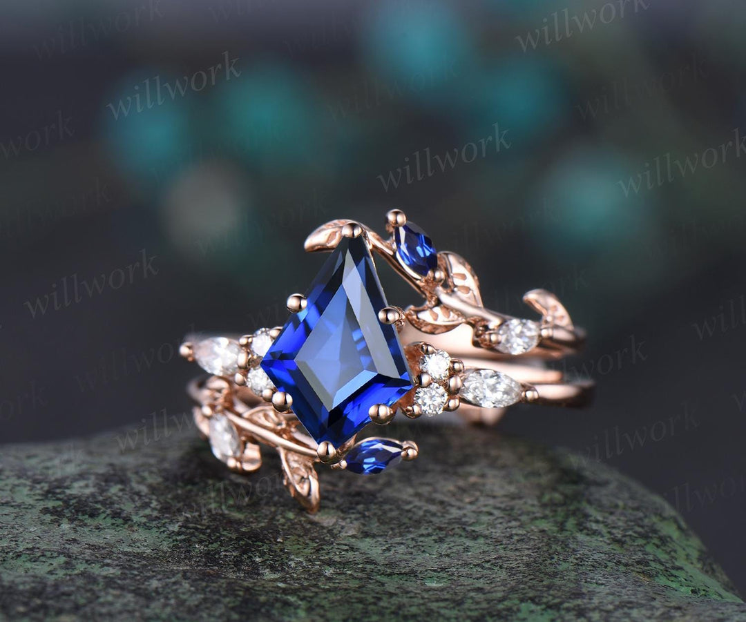 Vintage kite cut blue sapphire engagement ring leaf stacking rose gold diamond wedding promise ring set women jewelry