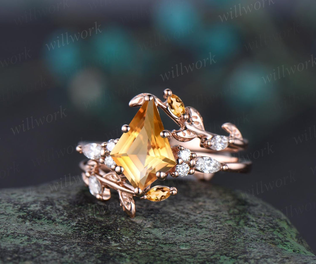 Unique kite cut yellow citrine engagement ring set leaf rose gold diamond wedding band enhancer Crystal gemstone anniversary ring women gift