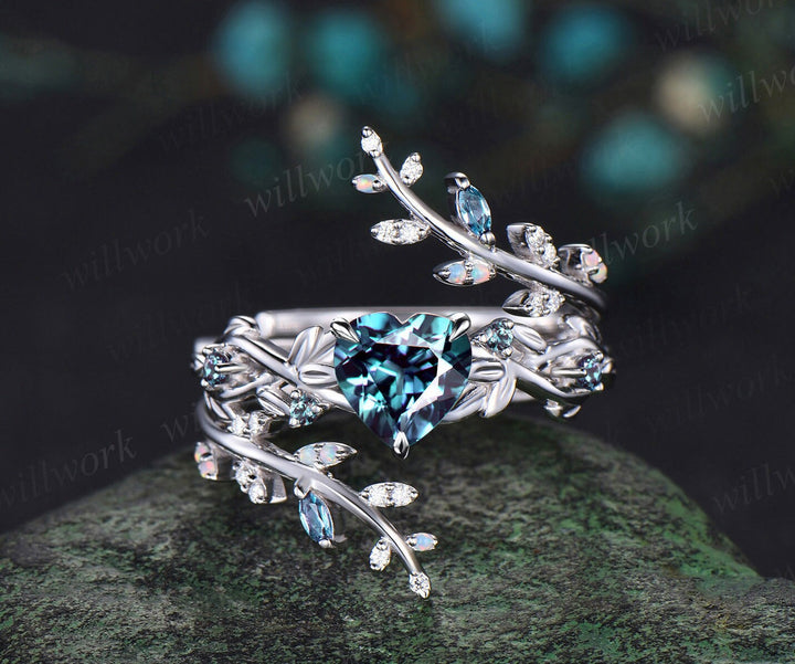 Vintage heart shaped alexandrite engagement ring white gold nature inspired leaf opal wedding band enhancer twisted bridal ring set women