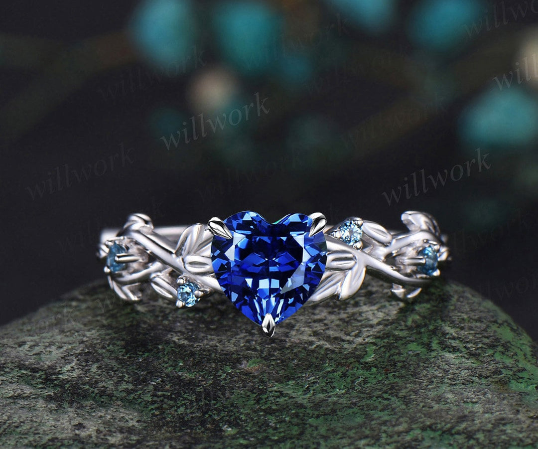 Vintage heart shaped blue sapphire engagement ring white gold nature inspired leaf opal wedding band enhancer bridal ring set women