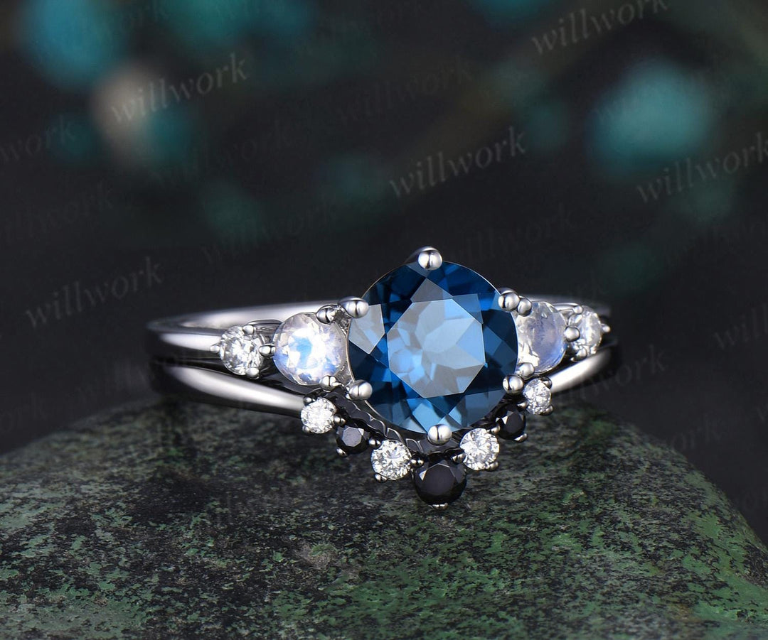 Round cut London blue topaz ring white gold five stone moonstone black spinel moissanite ring women 6 prong unique engagement ring gift