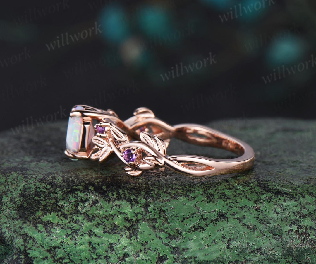 Hexagon cut white opal ring vintage rose gold five stone infinity leaf unique engagement ring women amethyst anniversary ring gift jewelry