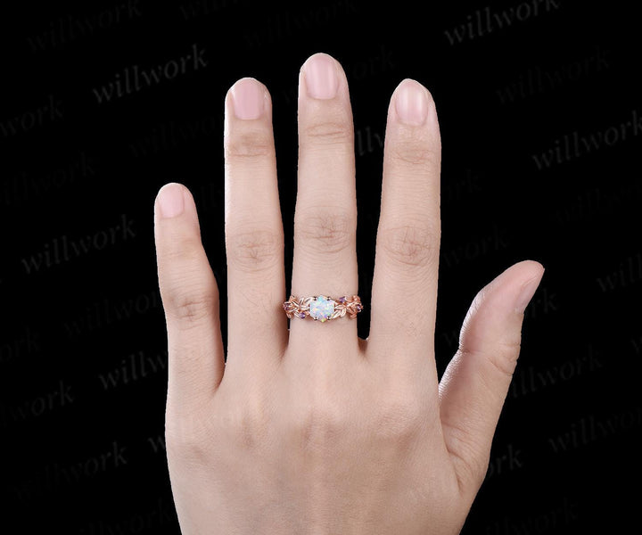 Hexagon cut white opal ring vintage rose gold five stone infinity leaf unique engagement ring women amethyst anniversary ring gift jewelry