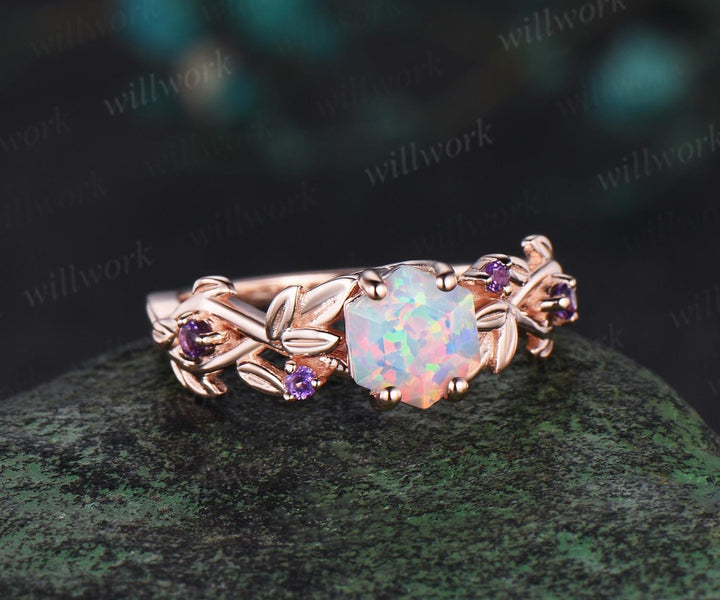 Hexagon cut white opal ring vintage rose gold five stone infinity leaf unique engagement ring women amethyst anniversary ring gift jewelry