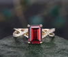 Vintage emerald cut red garnet engagement ring solid 14k yellow gold eternity infinity Twisted diamond wedding bridal ring women