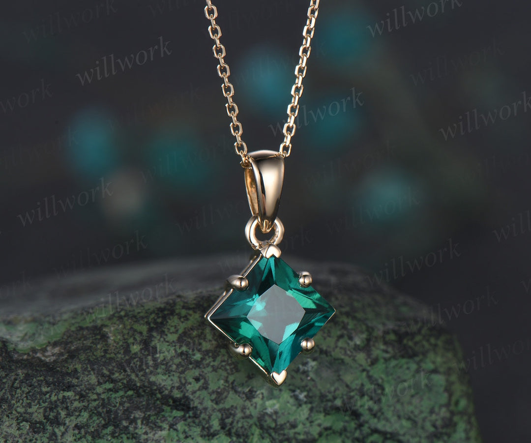 Princess cut green emerald necklace rose gold vintage unique Personalized Solitaire pendant women her anniversary bridal gift mother