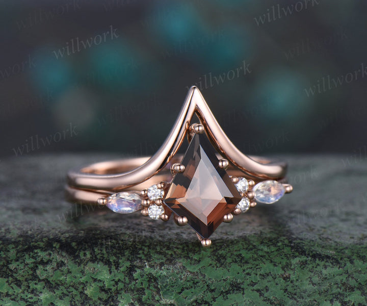 Kite cut brown smoky quartz engagement ring rose gold moonstone bridal wedding ring set women 6 prong stacking unique gemstone ring