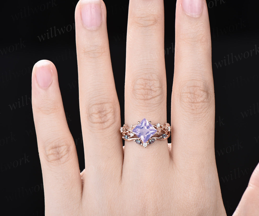 Princess cut Lavender Amethyst engagement ring 14k rose gold five stone leaf branch Nature inspired alexandrite bridal ring set women gift