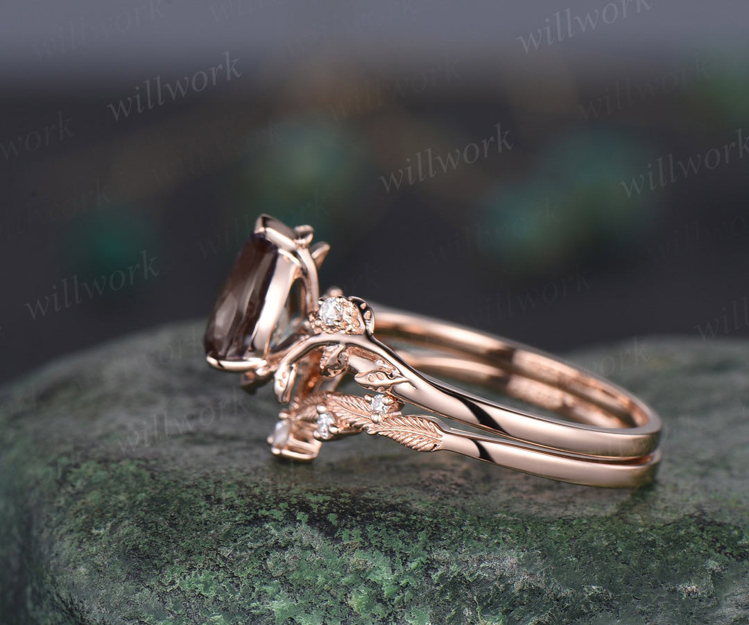 Vintage pear brown smoky quartz engagement ring rose gold leaf nature inspired diamond bridal set women unique wedding ring gemstone