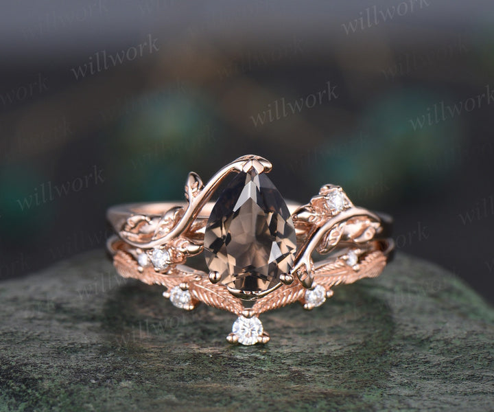 Vintage pear brown smoky quartz engagement ring rose gold leaf nature inspired diamond bridal set women unique wedding ring gemstone