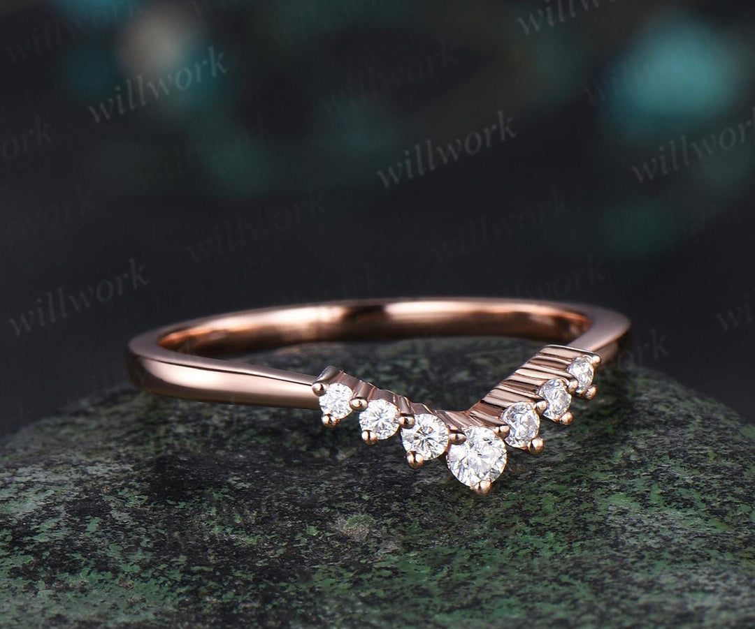 Curved moissanite wedding band solid 14k rose gold stacking matching diamond wedding ring band women anniversary ring gift